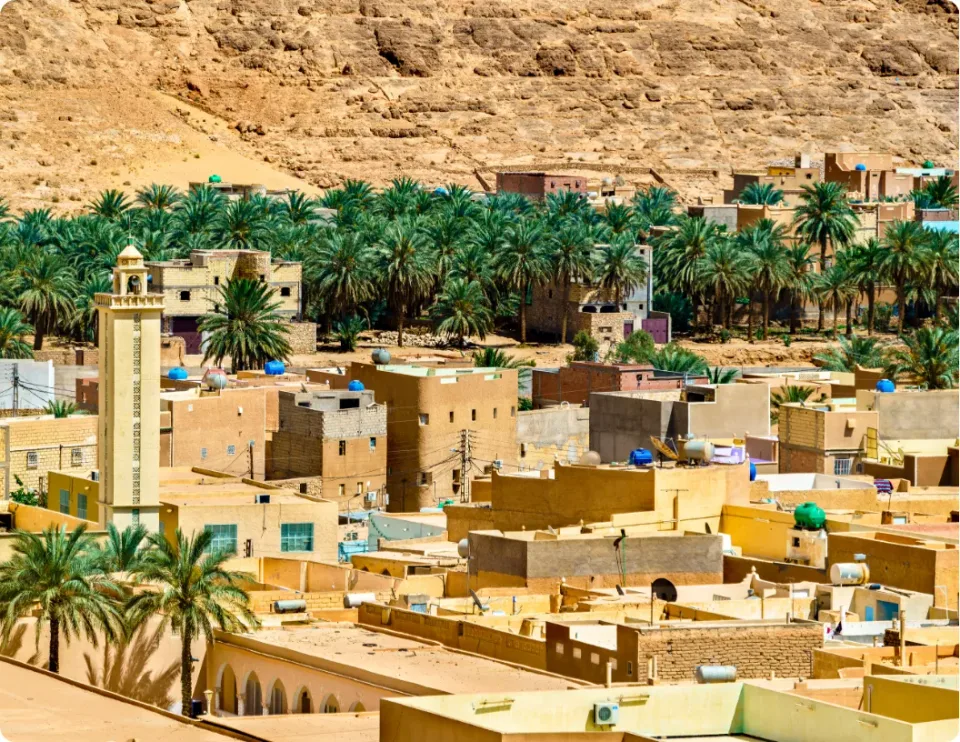 A desert oasis village with palm trees, clay-colored buildings, and a minaret nestled against a rocky cliff.