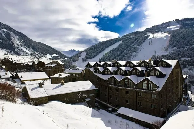 Snowy mountain and hotel view in Soldeu